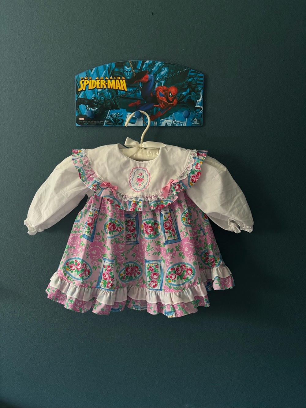 Girls Pink Floral Ruffle Dress with White Collar - Brand Unclear